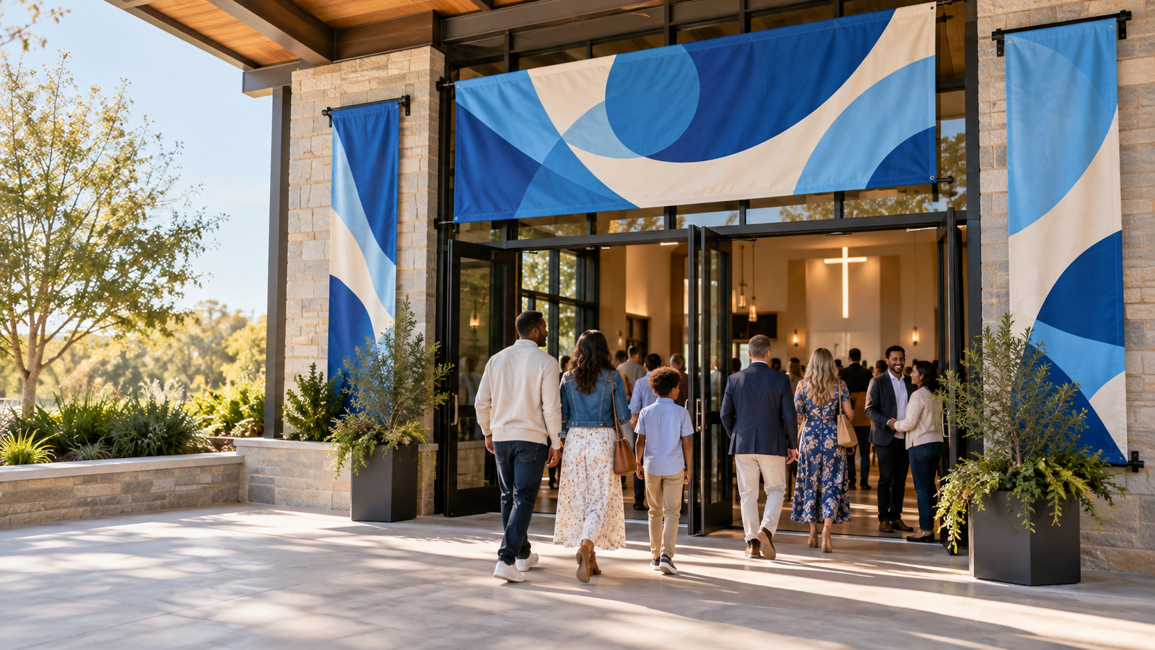 Illustrative church gathering entrance with a coordinated horizontal banner and vertical banners