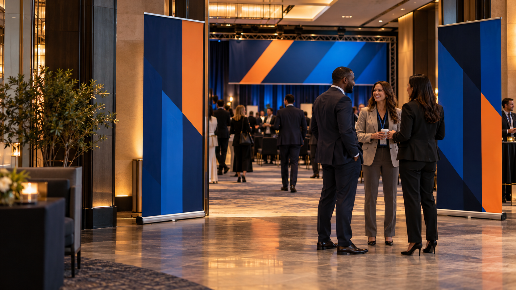 Illustrative conference foyer with navy, blue, and orange angular banners